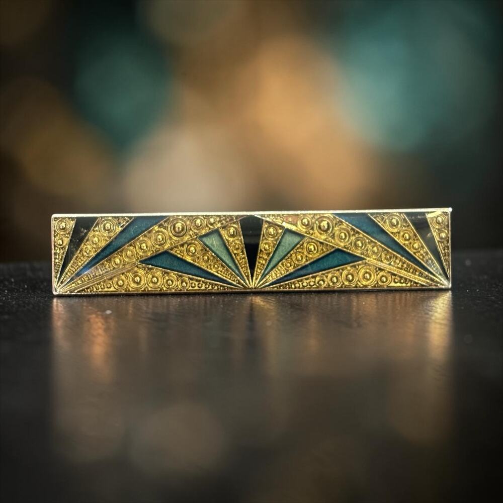 Art Deco Teal Enamel Sunburst Bar Brooch Gold Machine Age Gatsby Pin